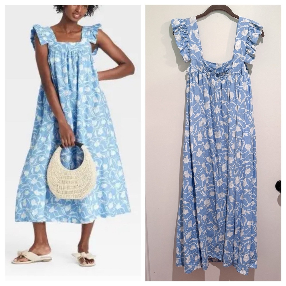 A New Day Linen Dress XS Blue Floral Maxi Flutter Sleeve Cottagecore Bump Friend